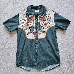 Boozelele Men's Western Shirt Size Large Pistolero Flowers Turquoise Button Up